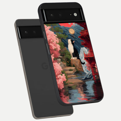  Temple Cat Scenery phone case For Google Pixel 6A showing premium glass back cover with detailed artwork