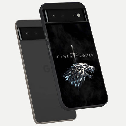  Throne Wolf Legacy phone case For Google Pixel 6A showing premium glass back cover with detailed artwork