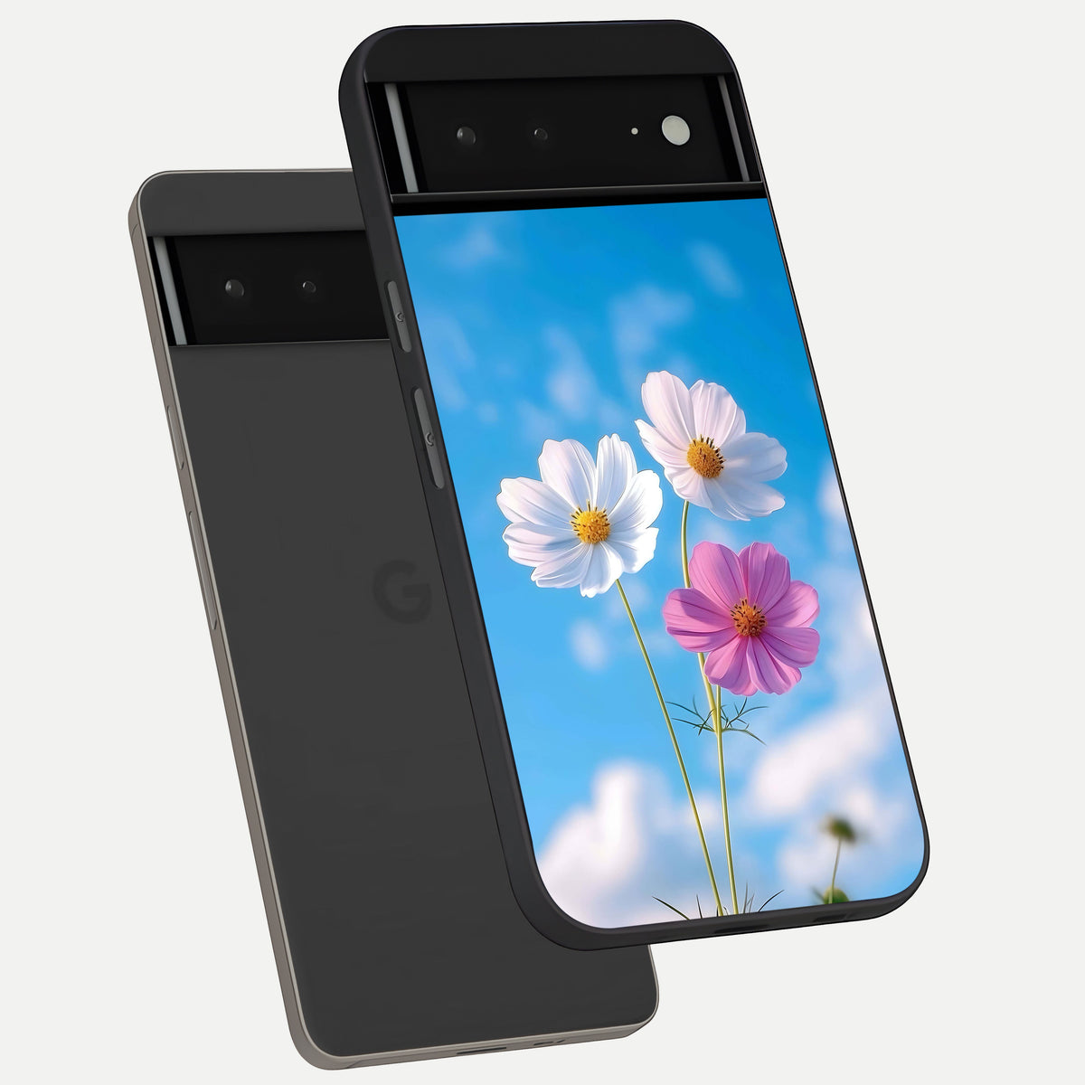  Tripple Flowers With Sky phone case For Google Pixel 6A showing premium glass back cover with detailed artwork