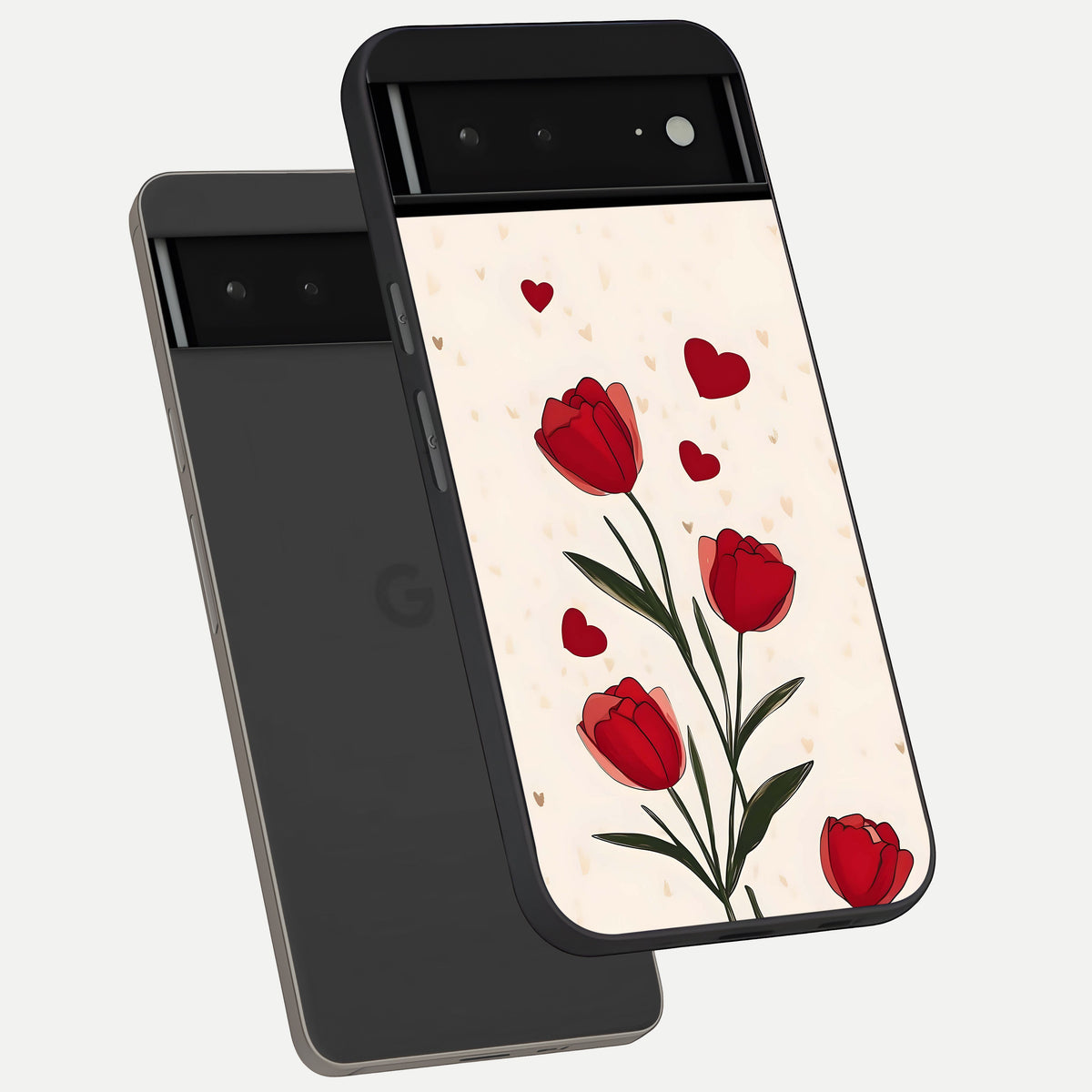  Tulip With Heart phone case For Google Pixel 6A showing premium glass back cover with detailed artwork