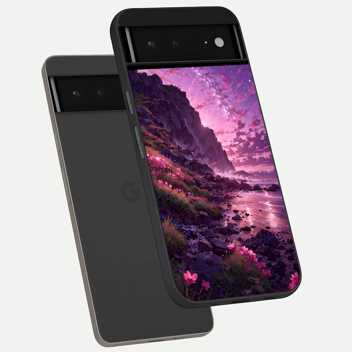  Twilight Blossom Coast phone case For Google Pixel 6A showing premium glass back cover with detailed artwork