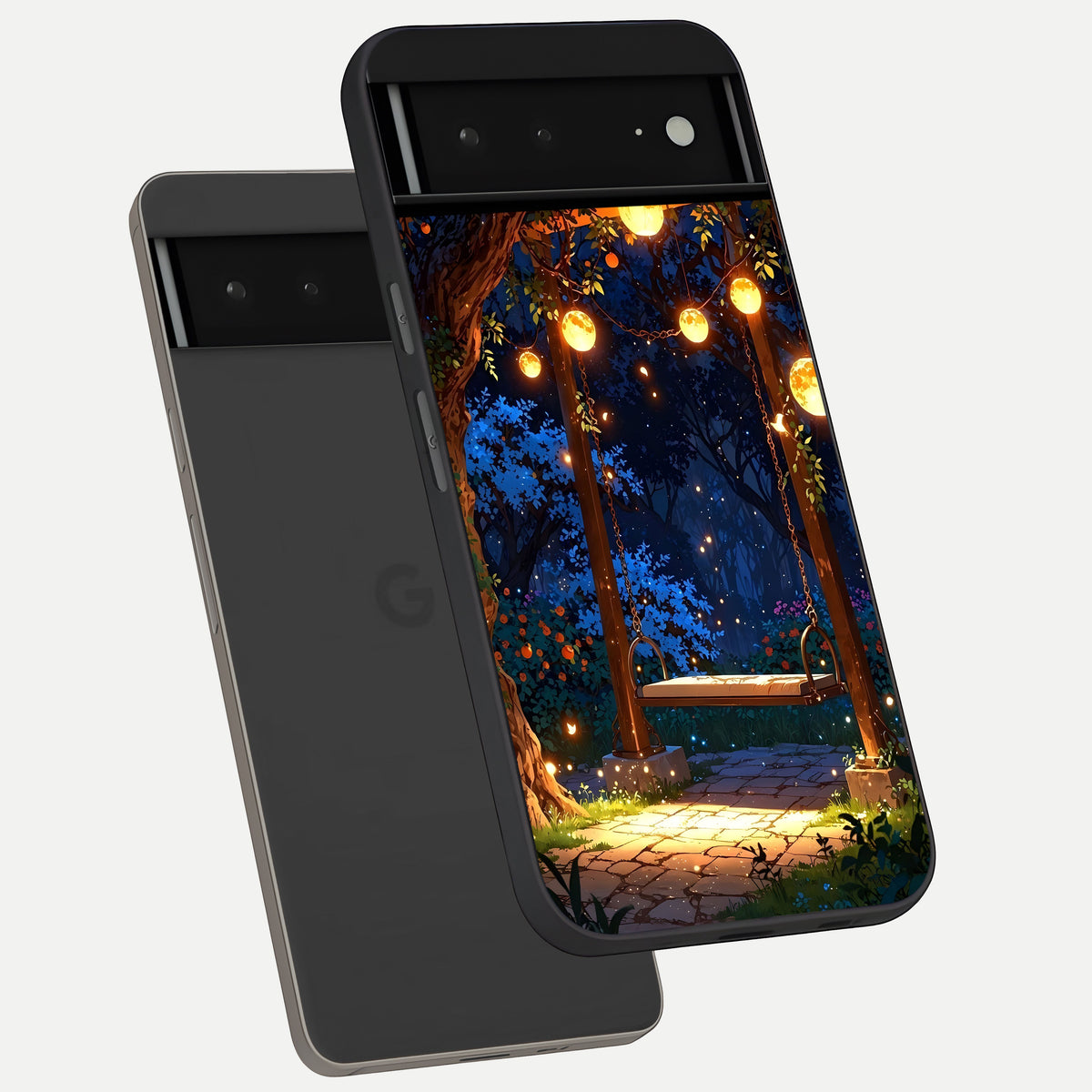  Twilight Garden Swing phone case For Google Pixel 6A showing premium glass back cover with detailed artwork