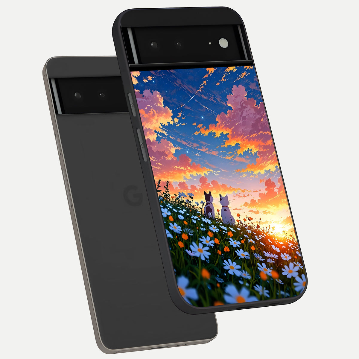  Two Cats Friends phone case For Google Pixel 6A showing premium glass back cover with detailed artwork