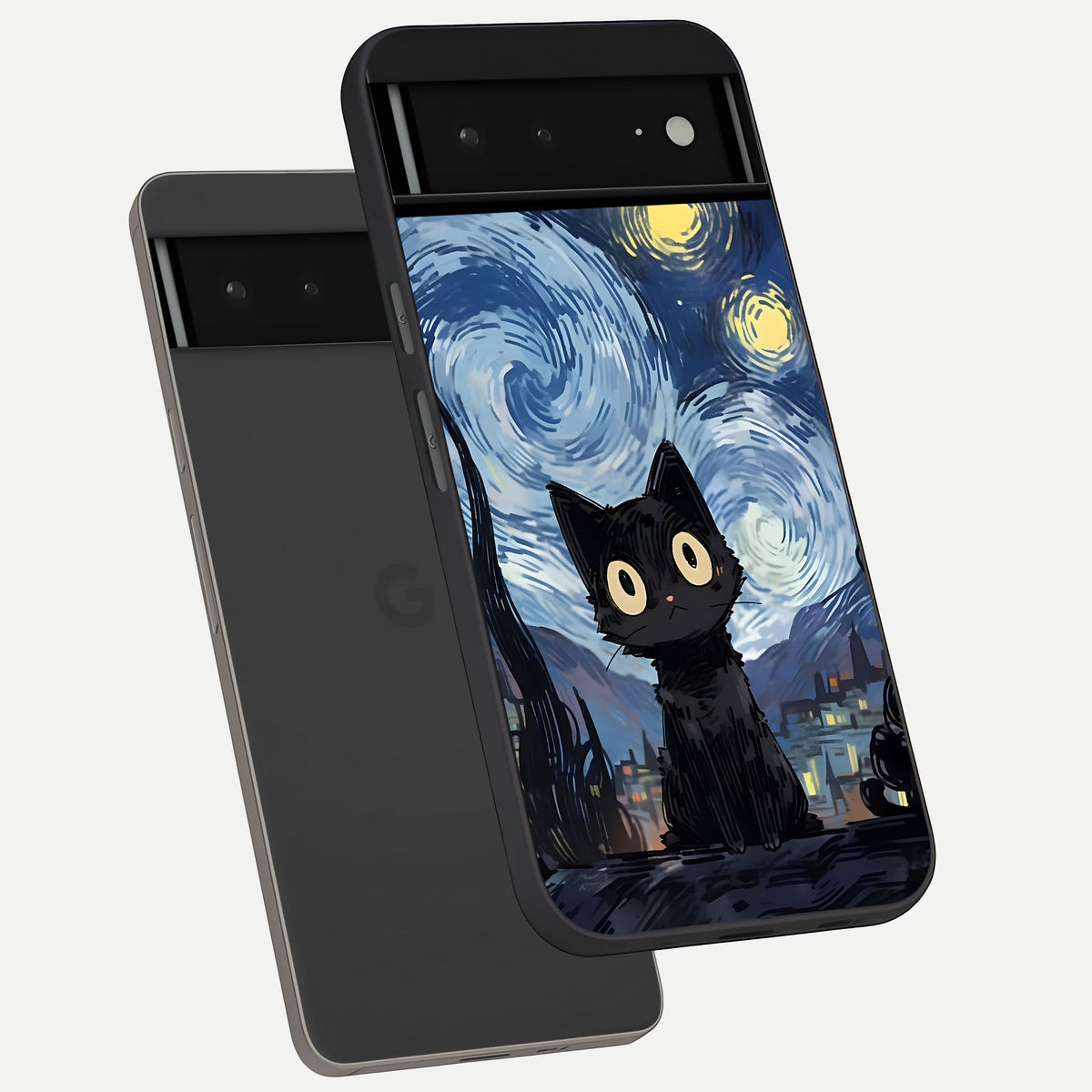  Van Gogh Cat phone case For Google Pixel 6A showing premium glass back cover with detailed artwork