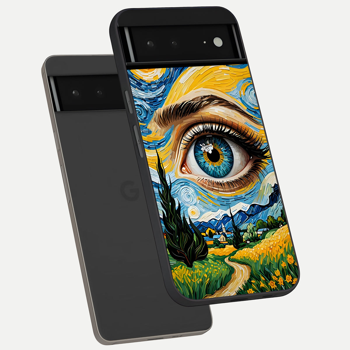  Van Gogh Eye phone case For Google Pixel 6A showing premium glass back cover with detailed artwork
