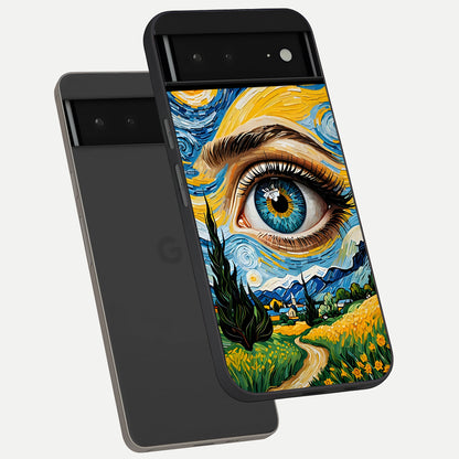  Van Gogh Eye phone case For Google Pixel 6A showing premium glass back cover with detailed artwork