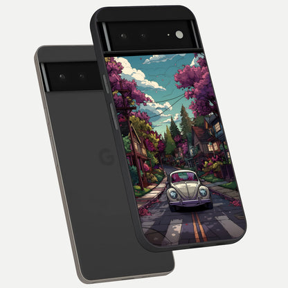  Vintage Street Drive phone case For Google Pixel 6A showing premium glass back cover with detailed artwork