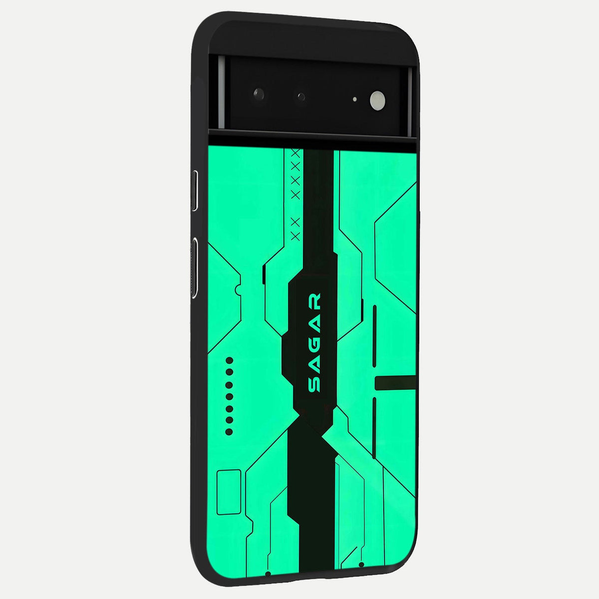  Aqua Tech CYBERPUNK Custom Name back cover For Google Pixel 6A slim fit glass case with vibrant aesthetic design