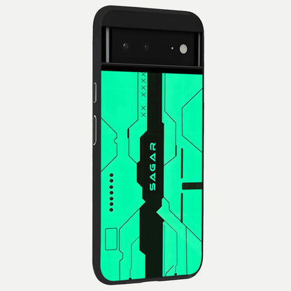  Aqua Tech CYBERPUNK Custom Name back cover For Google Pixel 6A slim fit glass case with vibrant aesthetic design
