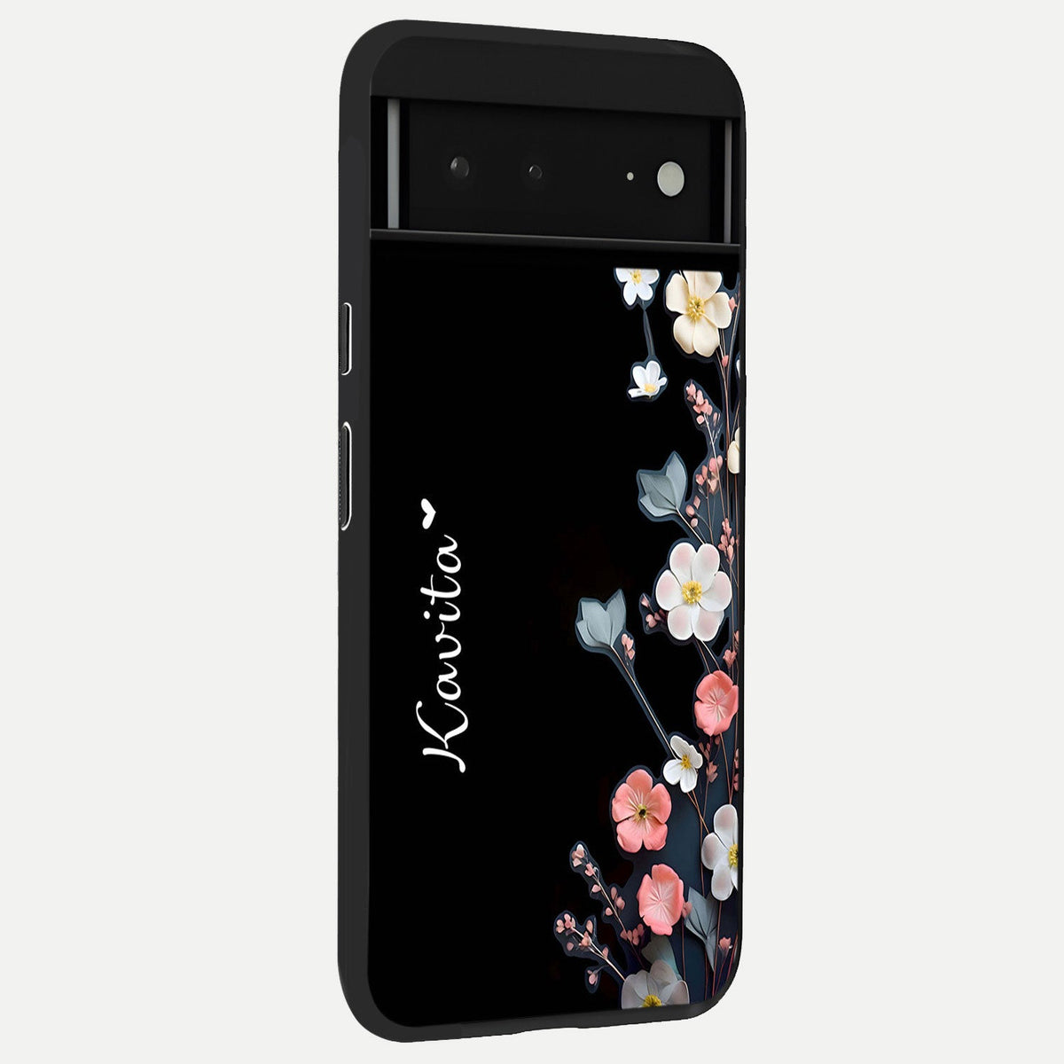  Black Elegance Floral Custom Name back cover For Google Pixel 6A slim fit glass case with vibrant aesthetic design