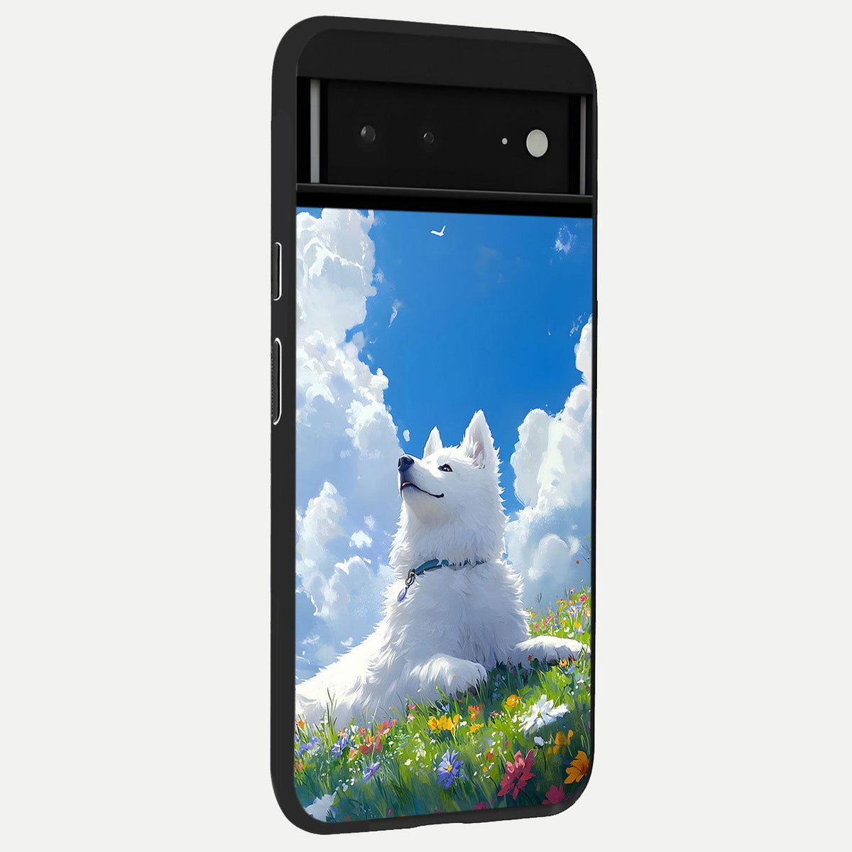  Blissful Cloud Pup back cover For Google Pixel 6A slim fit glass case with vibrant aesthetic design