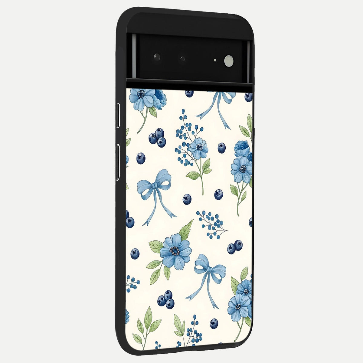  Blue Flower And Bow back cover For Google Pixel 6A slim fit glass case with vibrant aesthetic design
