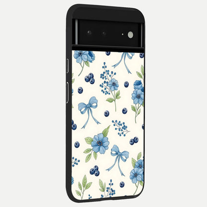  Blue Flower And Bow back cover For Google Pixel 6A slim fit glass case with vibrant aesthetic design