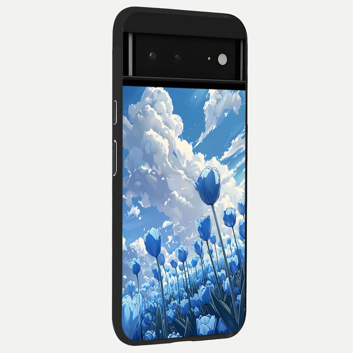  Blue Tulip Clouds back cover For Google Pixel 6A slim fit glass case with vibrant aesthetic design