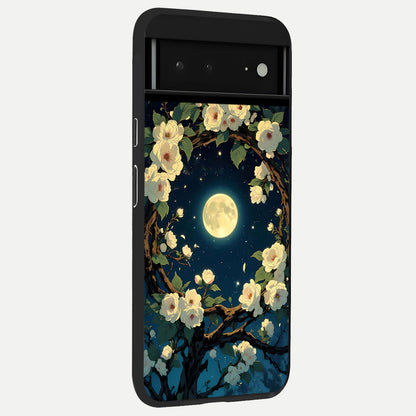 Celestial Moon And Flower back cover For Google Pixel 6A slim fit glass case with vibrant aesthetic design