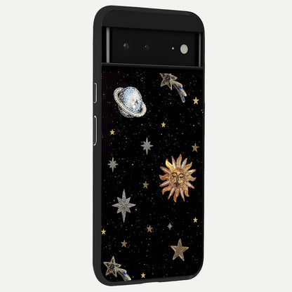  Celestial Moon With Stars back cover For Google Pixel 6A slim fit glass case with vibrant aesthetic design
