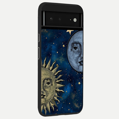  Celestial Moon With Sun back cover For Google Pixel 6A slim fit glass case with vibrant aesthetic design