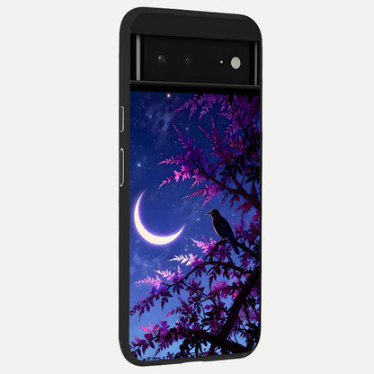  Crow And Moon Scenery back cover For Google Pixel 6A slim fit glass case with vibrant aesthetic design