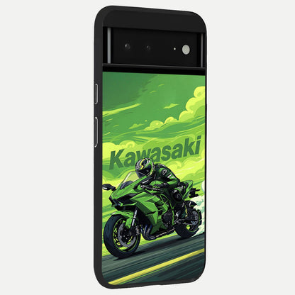  Green Kawasaki back cover For Google Pixel 6A slim fit glass case with vibrant aesthetic design