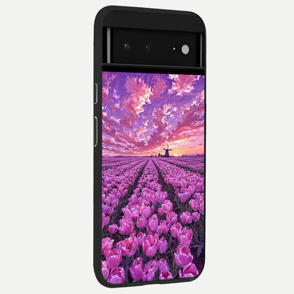  Lavender Moon Field back cover For Google Pixel 6A slim fit glass case with vibrant aesthetic design