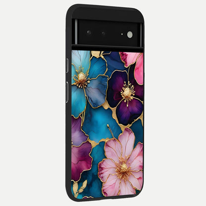  Sparkle Floral back cover For Google Pixel 6A slim fit glass case with vibrant aesthetic design