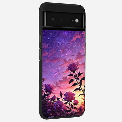  Starlit Rose Twilight back cover For Google Pixel 6A slim fit glass case with vibrant aesthetic design
