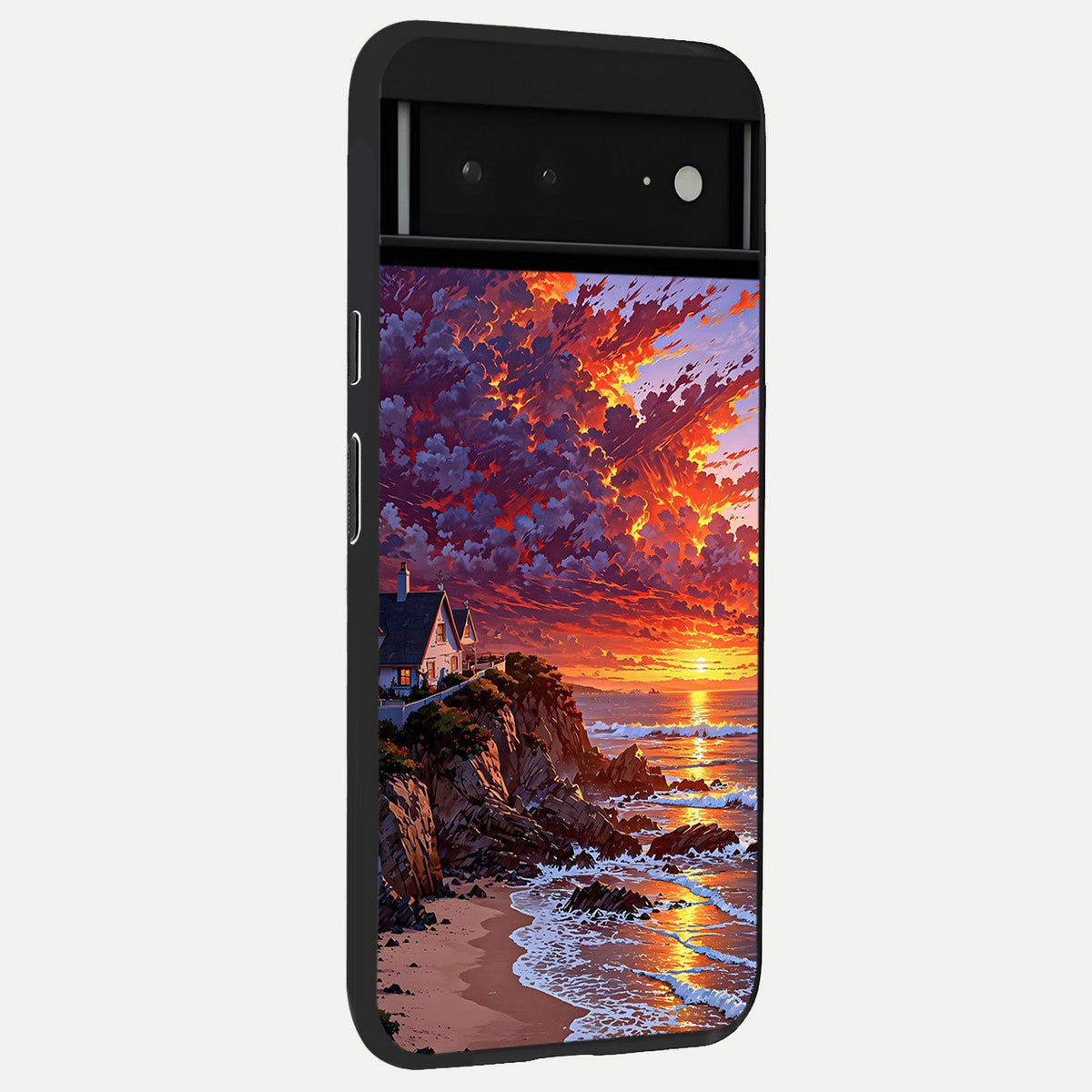  Sunset House By Sea back cover For Google Pixel 6A slim fit glass case with vibrant aesthetic design