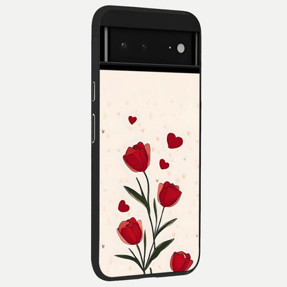  Tulip With Heart back cover For Google Pixel 6A slim fit glass case with vibrant aesthetic design