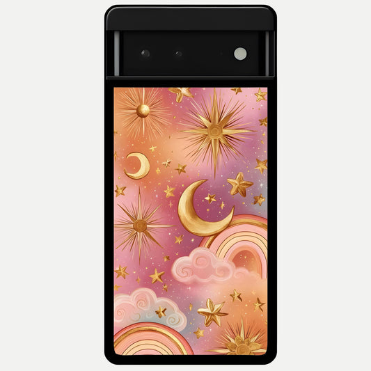  Golden Celestial Dreams Glass Case For Google Pixel 6 back cover – full design glossy printed glass finish