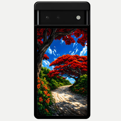 Red Trees Pathway Glass Case For Google Pixel 6 back cover – full design glossy printed glass finish
