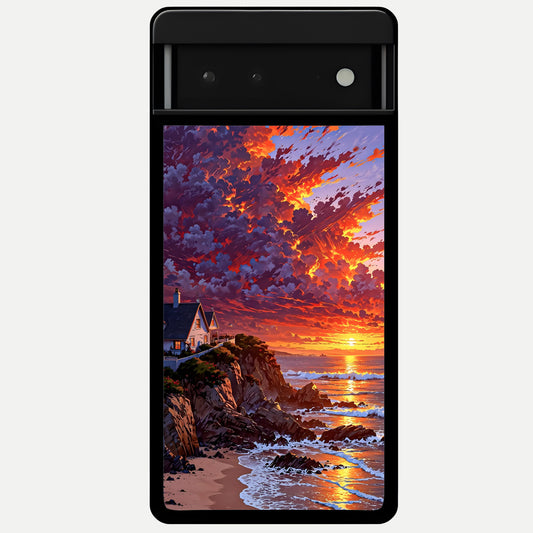  Sunset House By Sea Glass Case For Google Pixel 6 back cover – full design glossy printed glass finish