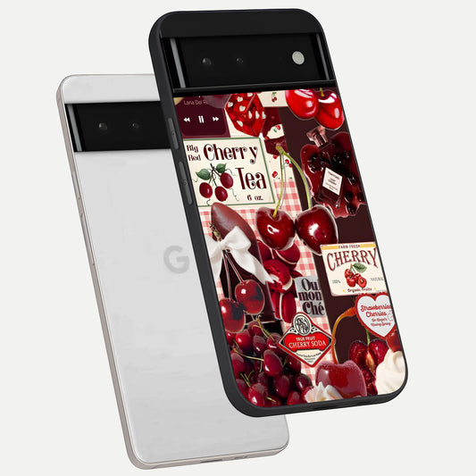  Aesthetic Cherry Tea phone case For Google Pixel 6 showing premium glass back cover with detailed artwork