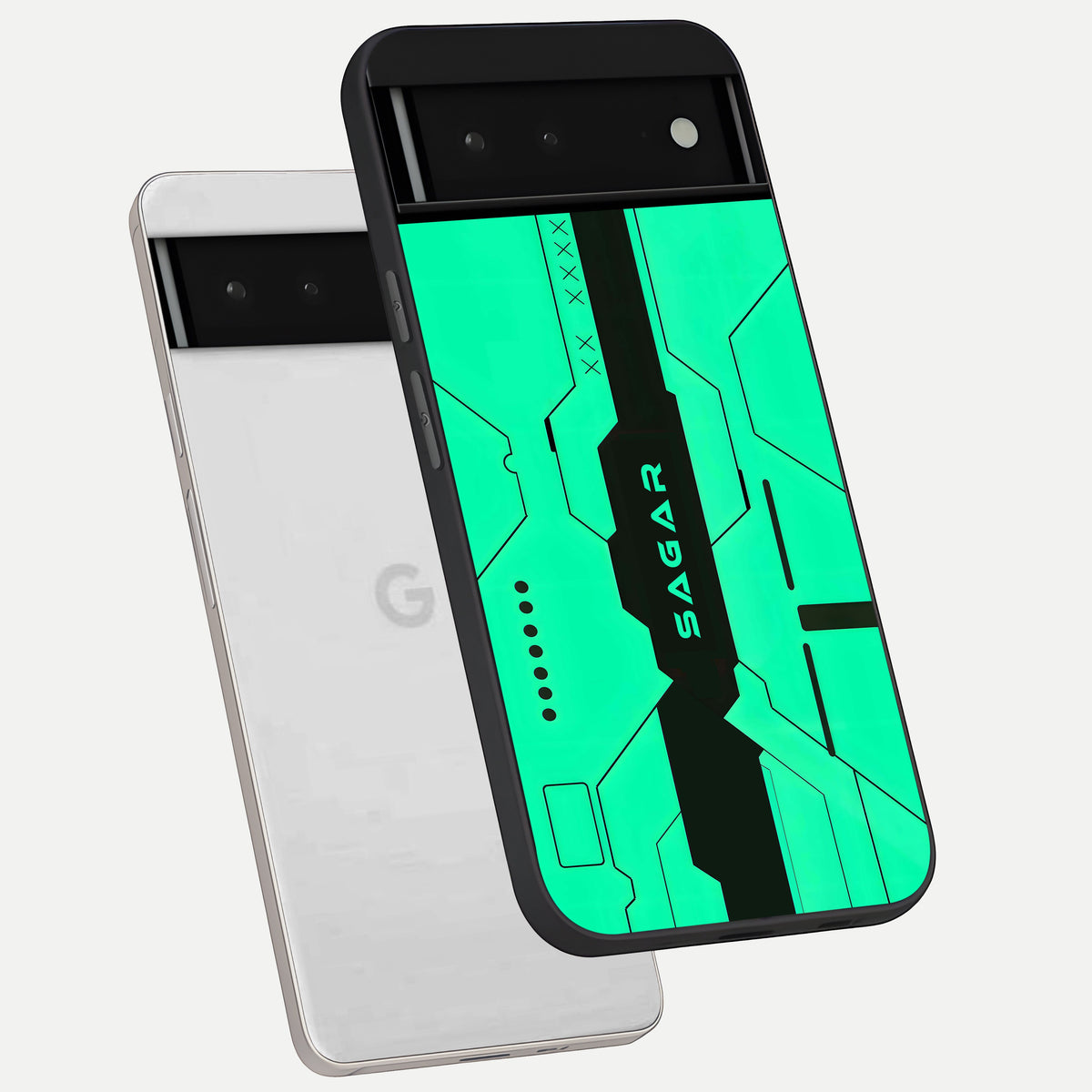  Aqua Tech CYBERPUNK Custom Name phone case For Google Pixel 6 showing premium glass back cover with detailed artwork