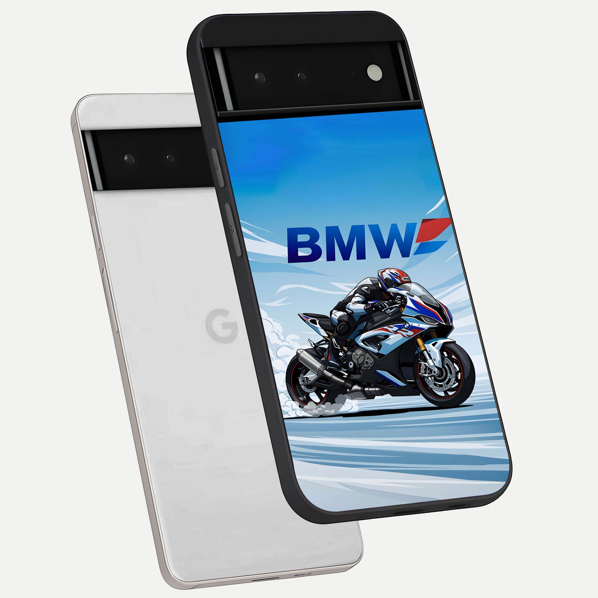  BMW Power Drift phone case For Google Pixel 6 showing premium glass back cover with detailed artwork