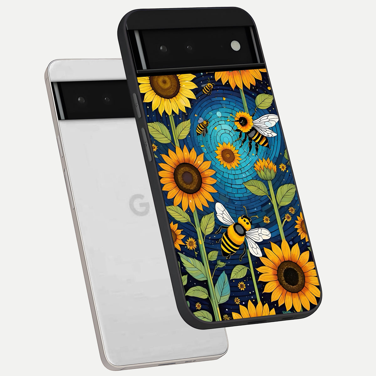  Bees And Sunflowers phone case For Google Pixel 6 showing premium glass back cover with detailed artwork