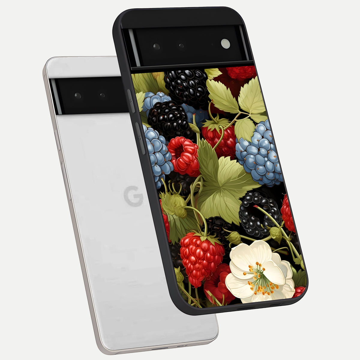  Berry Bloom Charm phone case For Google Pixel 6 showing premium glass back cover with detailed artwork