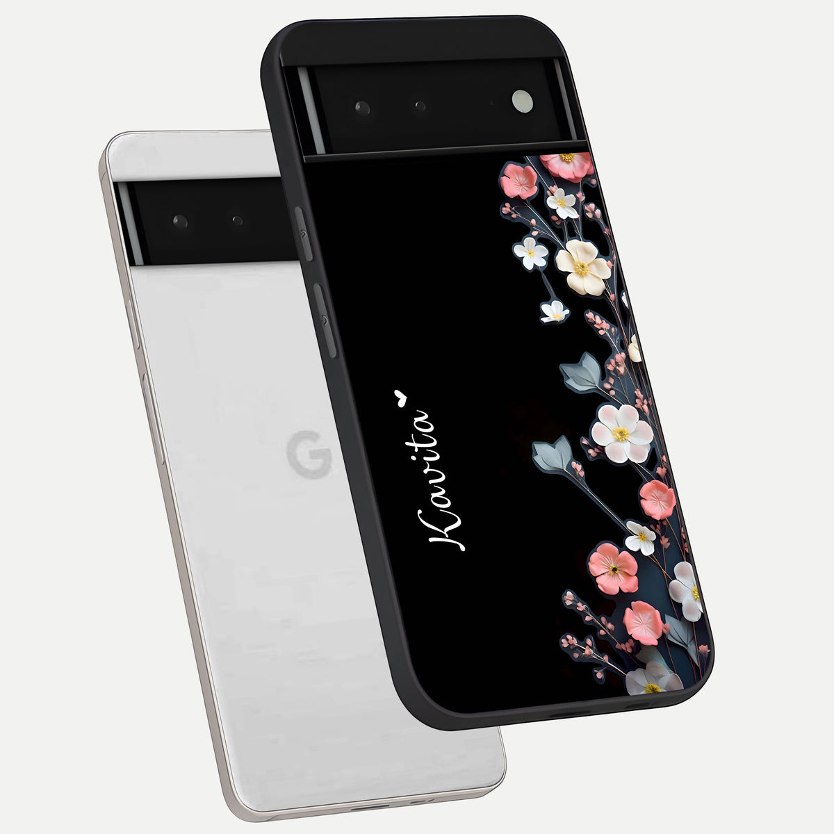  Black Elegance Floral Custom Name phone case For Google Pixel 6 showing premium glass back cover with detailed artwork