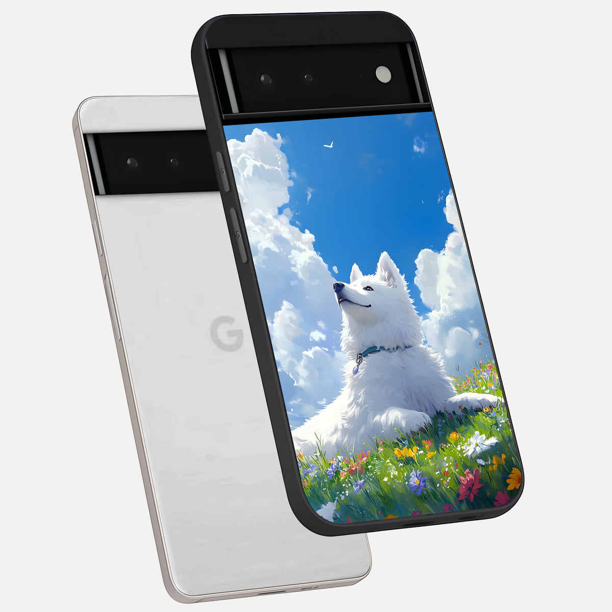  Blissful Cloud Pup phone case For Google Pixel 6 showing premium glass back cover with detailed artwork