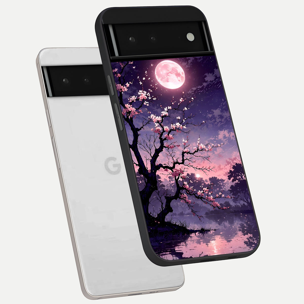  Blossom Pink Moon phone case For Google Pixel 6 showing premium glass back cover with detailed artwork
