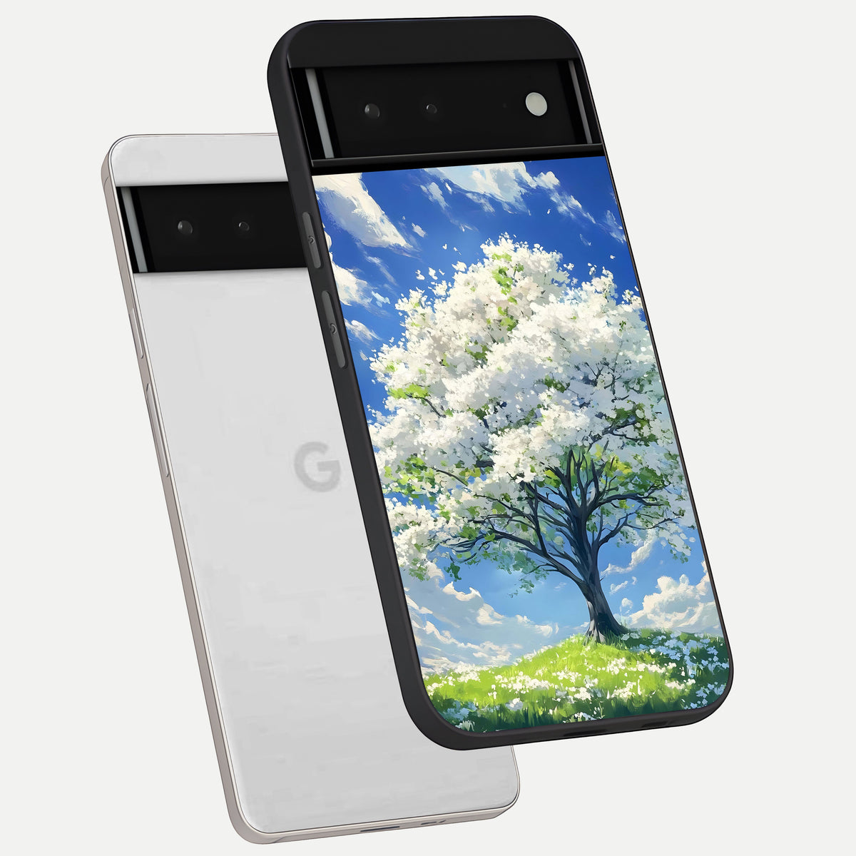  Blossom Sky Serenity phone case For Google Pixel 6 showing premium glass back cover with detailed artwork