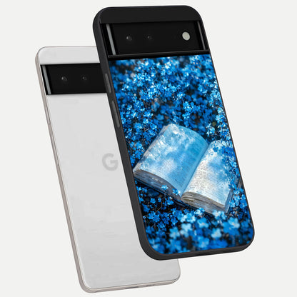  Blue Bloom Tales phone case For Google Pixel 6 showing premium glass back cover with detailed artwork