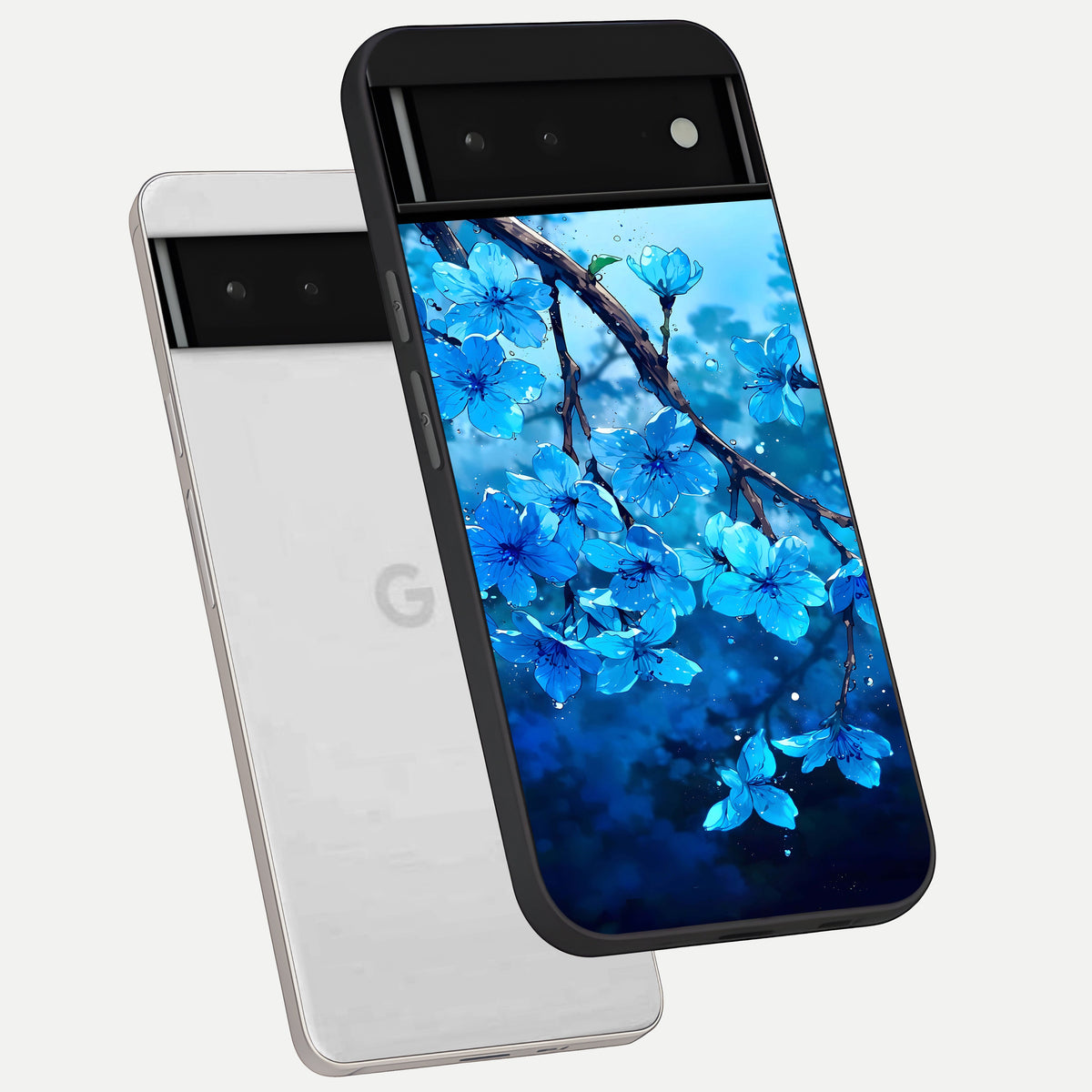  Blue Blossoms Branch phone case For Google Pixel 6 showing premium glass back cover with detailed artwork