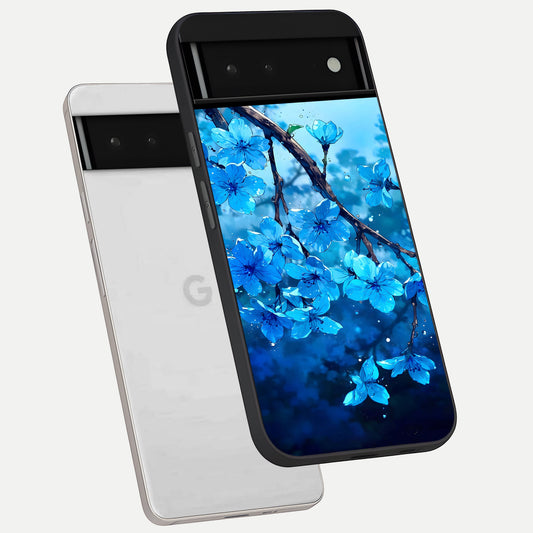  Blue Blossoms Branch phone case For Google Pixel 6 showing premium glass back cover with detailed artwork