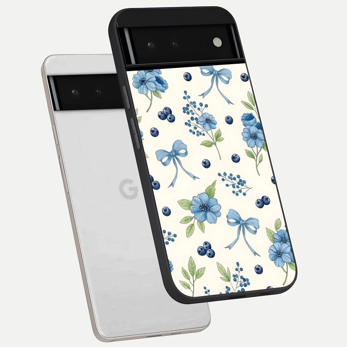  Blue Flower And Bow phone case For Google Pixel 6 showing premium glass back cover with detailed artwork