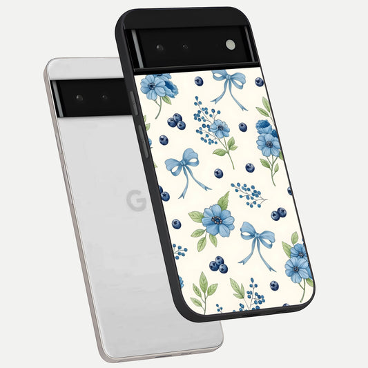  Blue Flower And Bow phone case For Google Pixel 6 showing premium glass back cover with detailed artwork