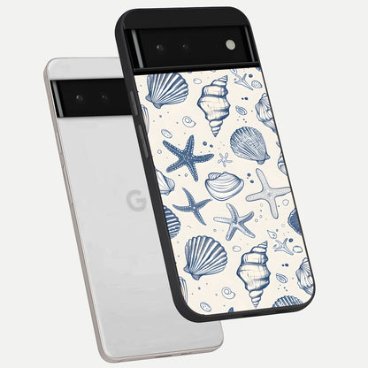  Blue Ocean Outline phone case For Google Pixel 6 showing premium glass back cover with detailed artwork