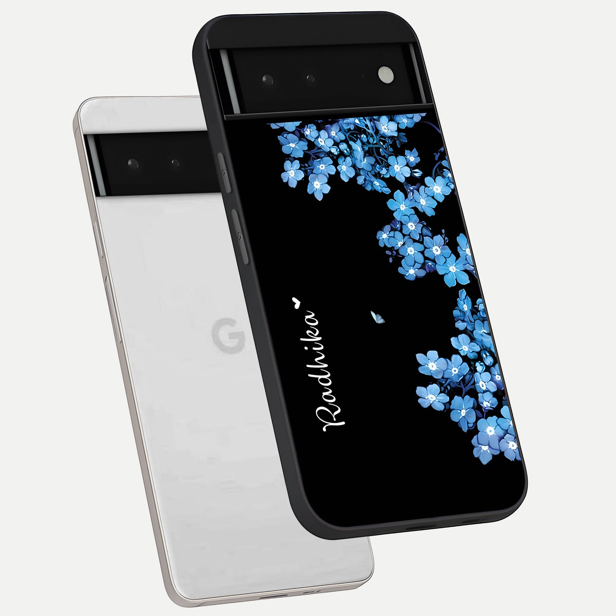  Blue Petal Dream Custom Name phone case For Google Pixel 6 showing premium glass back cover with detailed artwork