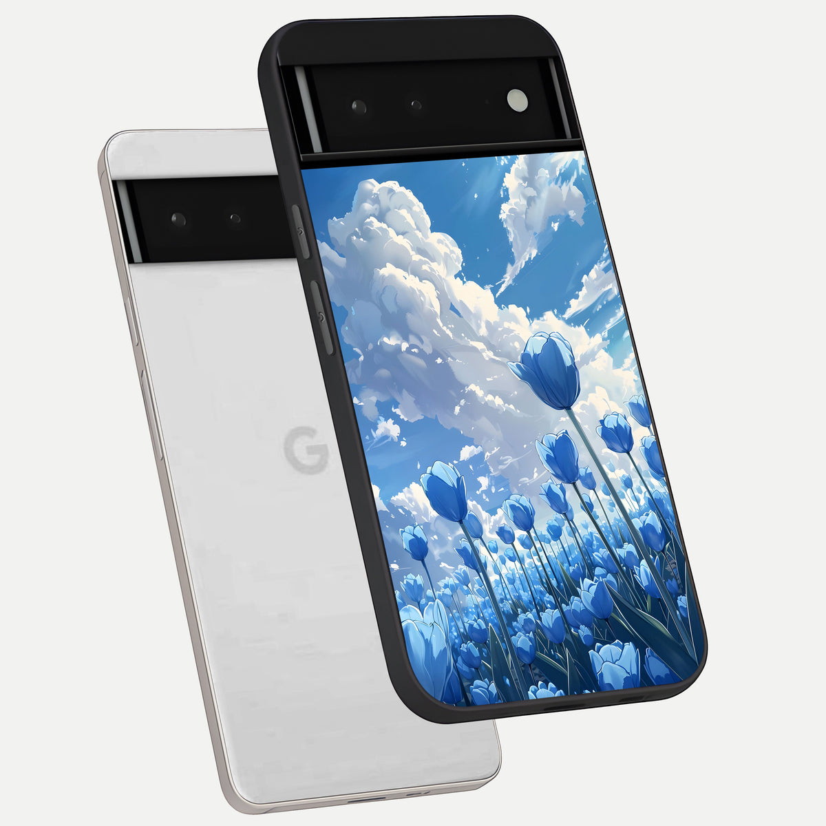  Blue Tulip Clouds phone case For Google Pixel 6 showing premium glass back cover with detailed artwork