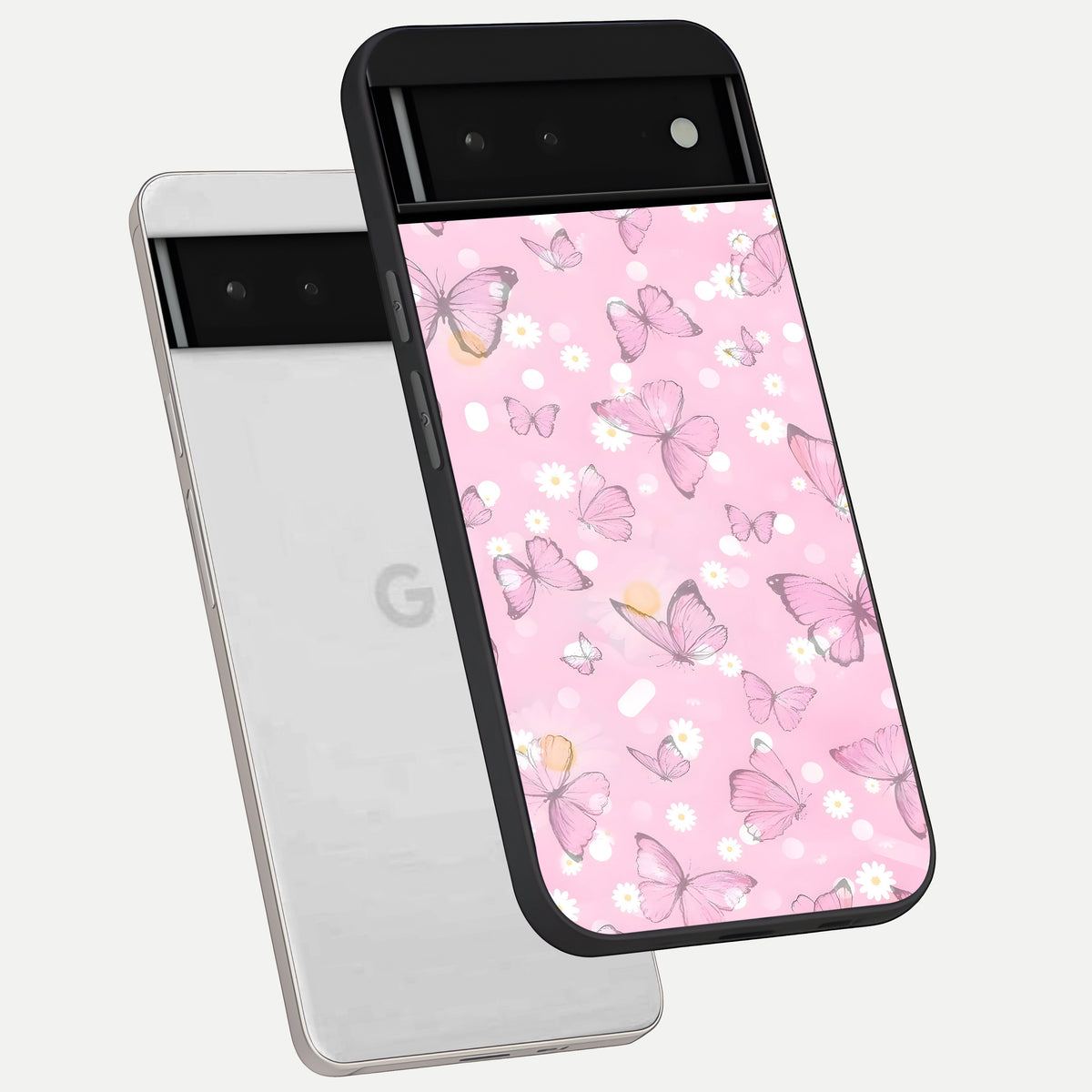  Blush Butterfly Garden phone case For Google Pixel 6 showing premium glass back cover with detailed artwork