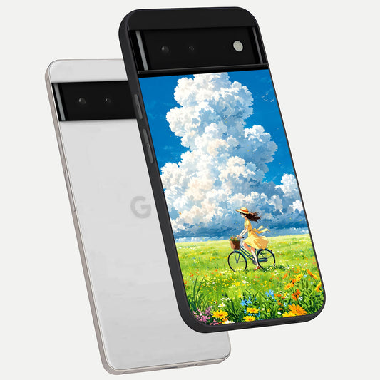 Breezy Meadow Ride phone case For Google Pixel 6 showing premium glass back cover with detailed artwork
